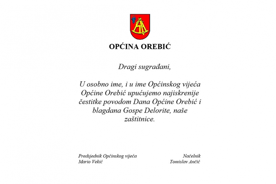 Čestitka građanima povodom Dana Općine Orebić i blagdana Gospe Delorite